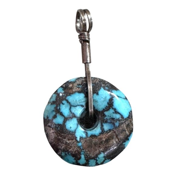 Vintage Tibetan Turquoise Sterling Silver Round Pendant Drop Dangle 1" Wire Wrap - Picture 1 of 4